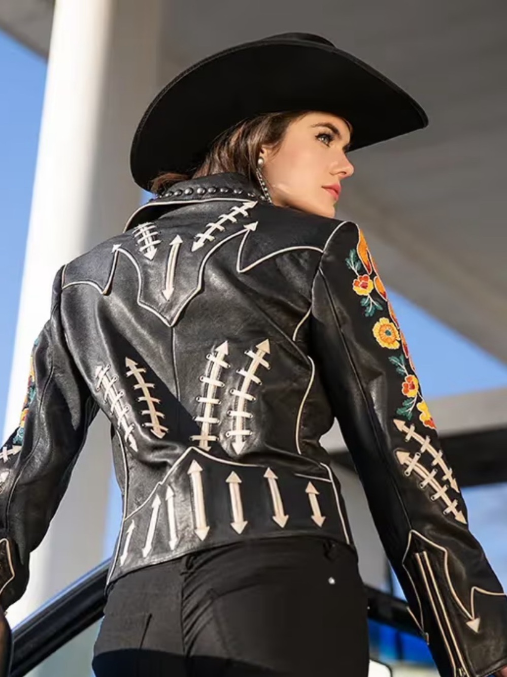 Double D Ranch Bakersfield Leather Moto Jacket with Floral Embroidery RTL $1295